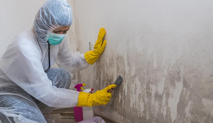 worker removing mold from wall